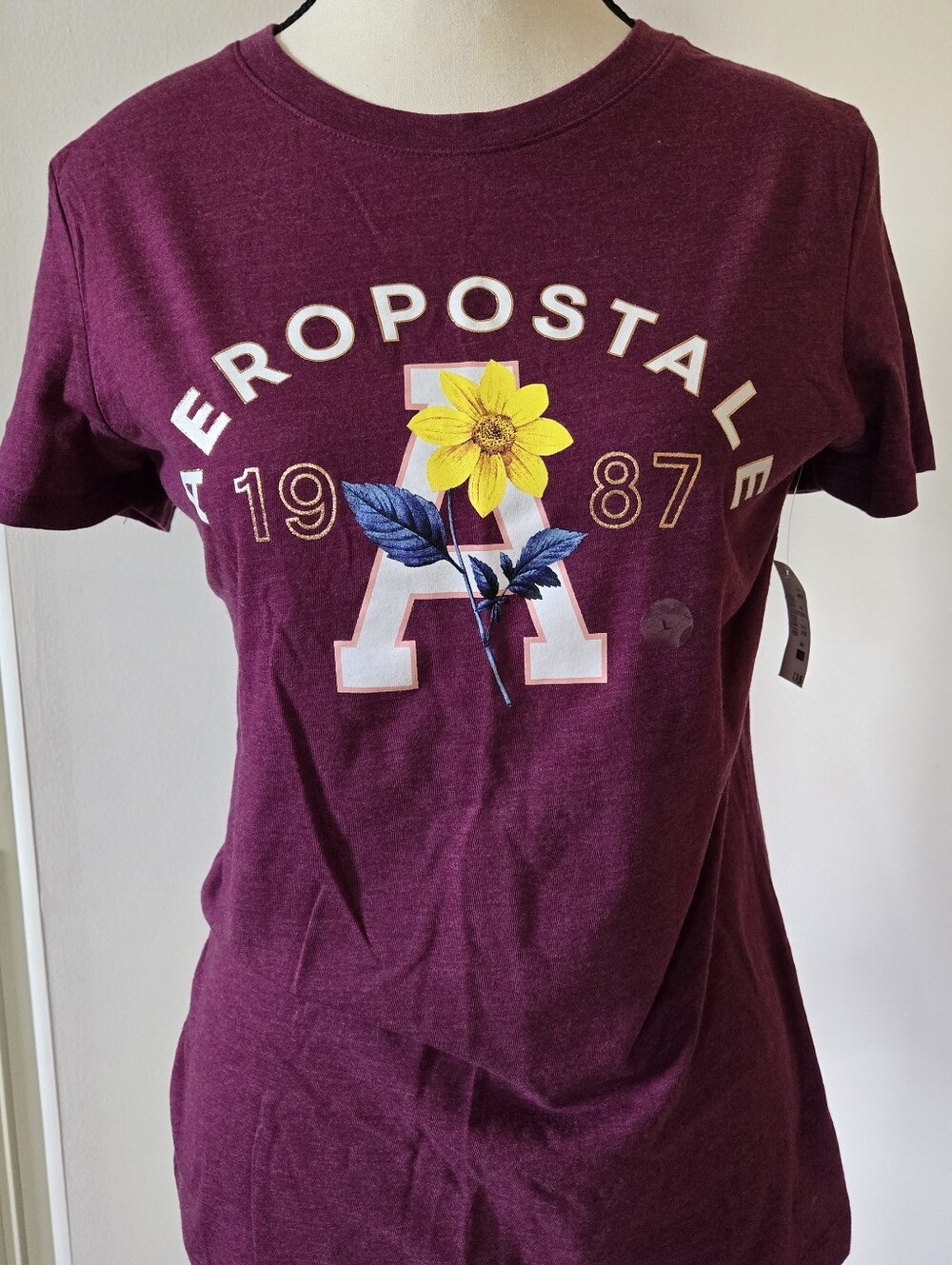 Aeropostale Maroon Short Sleeve Tee with Yellow Floral 'A' Graphic